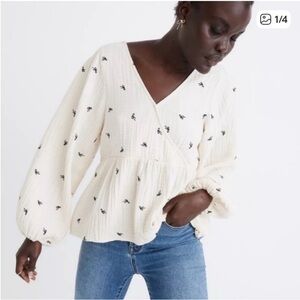 Madewell Cream Wrap Peasant Blouse with Black Motifs